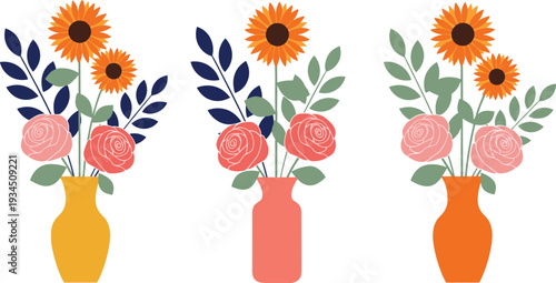 Flat Vector Illustration Set of Summer Floral Bouquets with Sunflowers and Roses in Decorative Vases for Home Decor, Greeting Cards, and Minimalist Interior Design