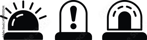Black-and-white vector icons of emergency sirens with alert, warning, and flashing light designs for safety, hazard, and security themes.