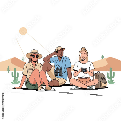 Diverse friends on desert safari, enjoying adventure and photography