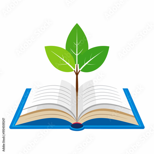 Centered flat illustration of an open blue book sprouting a green plant, a symbol of nature, growth and learning, viewed from a frontal perspective, suitable for logo or icon design