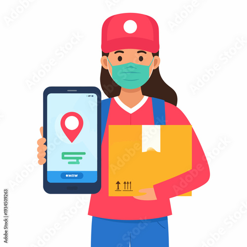Cheerful courier delivering a package while checking a smartphone, wearing a mask and backpack, captured in a front‑center cartoon illustration showing friendly service in a white studio setting
