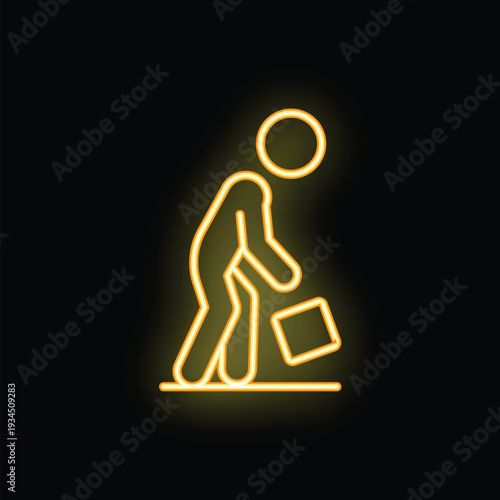 Neon light style icon of a businessman struggling to lift a heavy box, symbolizing hard work and determination