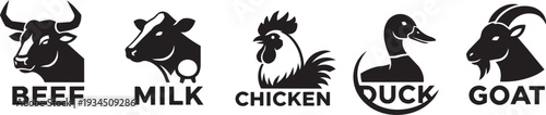 Farm Animal Icons: Beef, Milk, Chicken, Duck, Goat Silhouettes for Branding