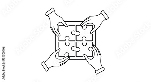 Four hands connecting puzzle pieces symbolizing collaboration and teamwork
