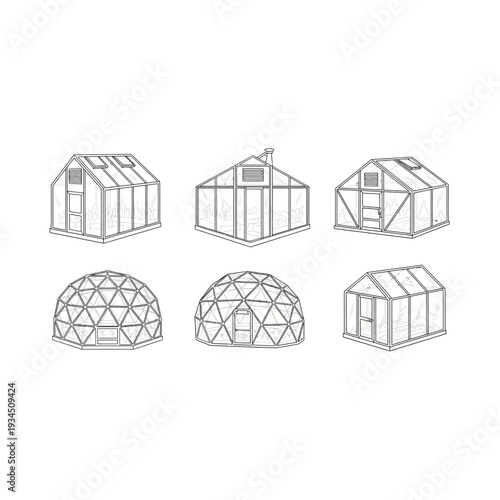 Greenhouse and Hothouse Structures Outline Icons Set for Gardening
