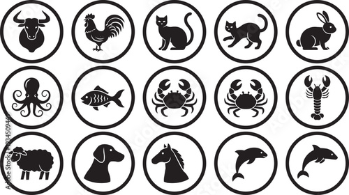 Diverse Animal Icons Set: Bull, Rooster, Cats, Rabbit, Octopus, Fish, Crabs, Lobster, Sheep, Dog, Horse, Dolphins