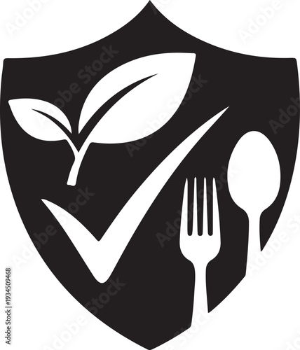 Healthy eating logo with shield and checkmark symbolizing safe food consumption habits daily