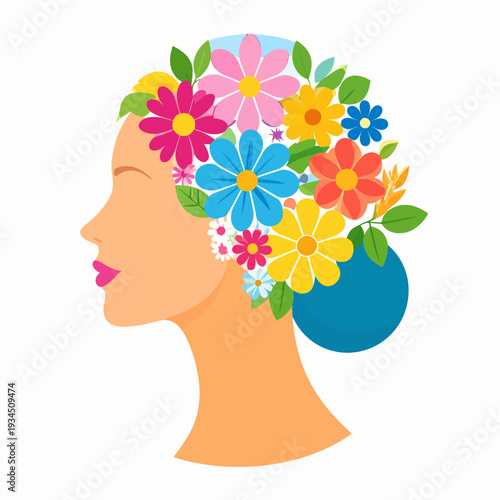 Serene Profile Portrait of a Woman with Blossoming Hair, Featuring Vibrant Flowers and a Gentle Smile, Illustrated in a Clean White Setting from a Left‑Facing Viewpoint