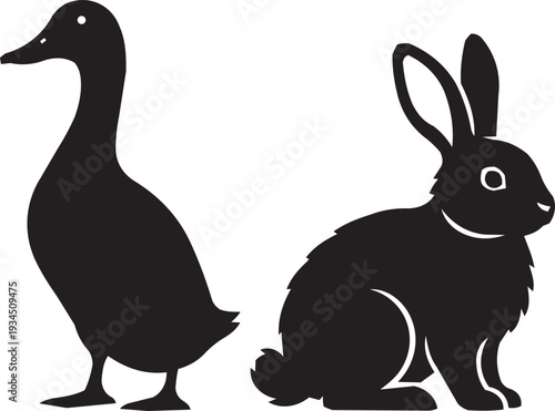 Duck and Rabbit Silhouettes: Farm Animals in Vector Style