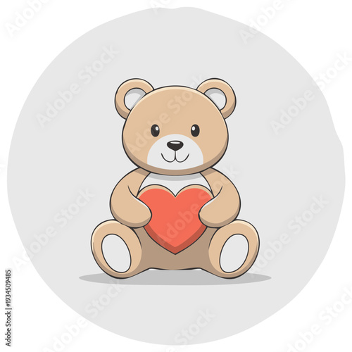 Cute cartoon teddy bear sitting and holding a red heart, illustration