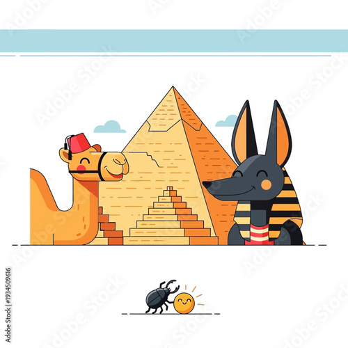 Egyptian Camel and Anubis character with Pyramid, Scarab and Sun