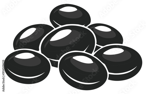 Group of Shiny Black Olives Isolated on White Background, Food Ingredient for Cooking and Culinary Recipes