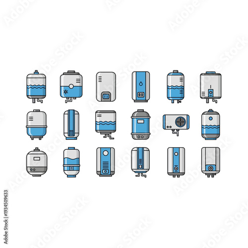 Modern Water Heater and Boiler Icons in Pixel Art Style