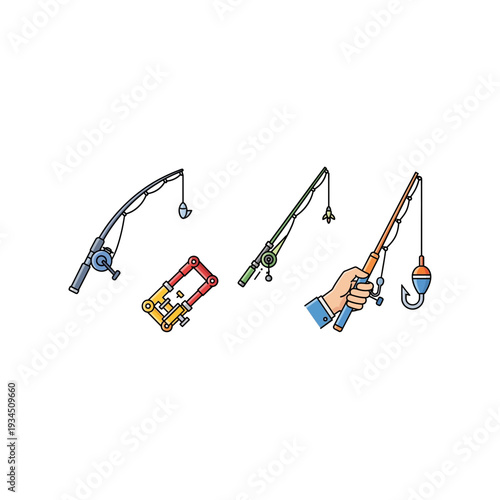 Fishing Rods and Hand Holding a Rod with Lure in Cartoon Style