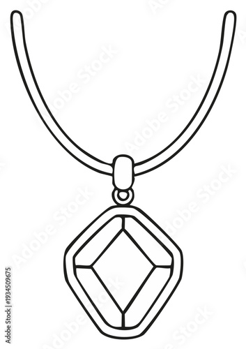 Necklace with Gemstone Pendant in Outline Style Fashionable Jewelry Design Vector