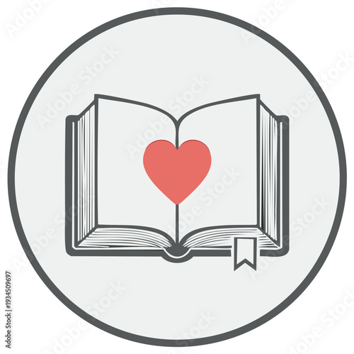 Open book with red heart symbol on pages and ribbon bookmark, illustration
