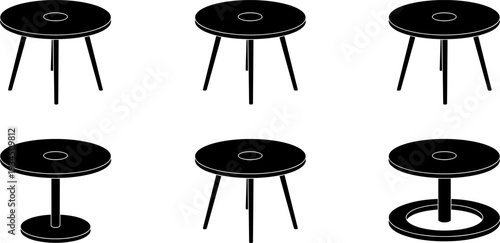 Collection of modern circular tables with varied base designs, furniture catalog comparison showcasing leg and support styles flat vector illustration