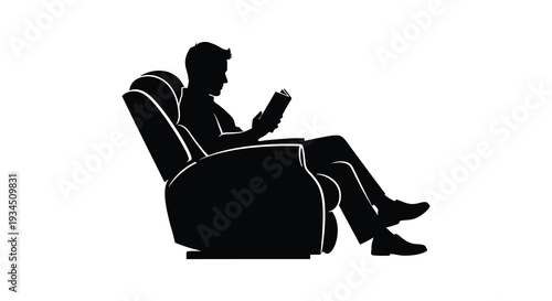 A relaxed man is depicted reading a book while comfortably seated in a large armchair a striking silhouette