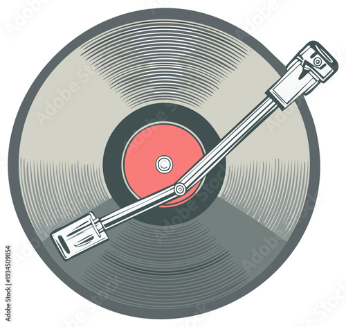 Vintage Style Record Player Illustration Spinning Vinyl Disc with Needle Arm and Gray Tone Groove in Retro Look