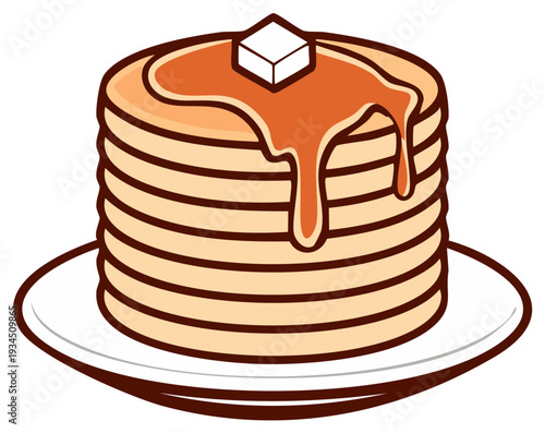 Stack of fresh pancakes with syrup and butter on a plate for breakfast