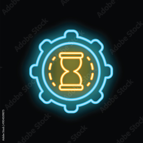 Neon glowing icon of an hourglass inside a gear, representing the concept of time management and efficiency
