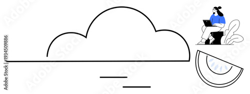 Cloud concept. Cloud shape paired with a remote worker holding a laptop and leisurely watermelon imagery. Cloud associated with technology innovation and remote possibilities. Ideal for networking