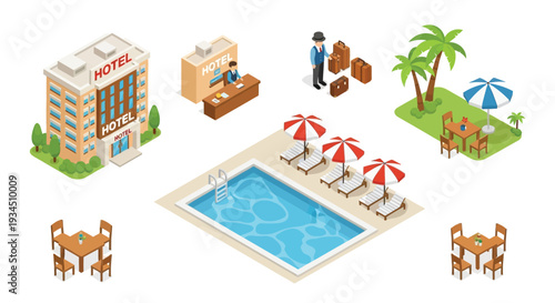 Isometric illustration of a tropical resort with hotel pool and amenities