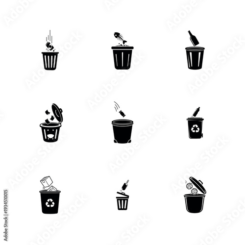 Trash Can and Waste Recycling Bin Silhouette Vector Icon Set