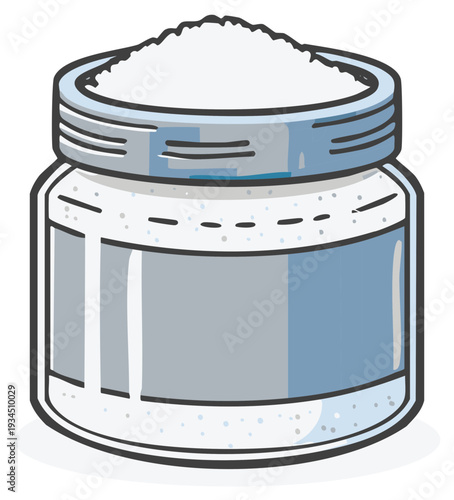Open glass jar filled with white crystalline powder ingredient for baking or cooking