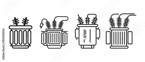 Modern Electrical Transformers Icons Set. in Flat Black Silhouette Style for Power Grid and Energy.