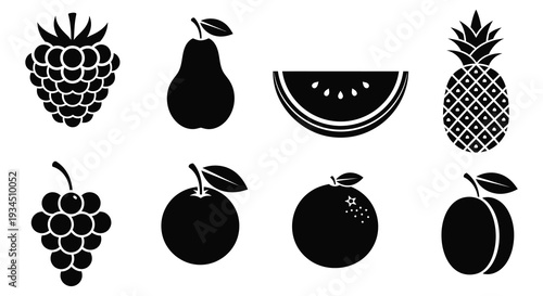 A collection of various fruits depicted in a bold black style creating a striking silhouette high quality professional
