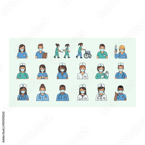 Diverse Medical Staff with Masks - Healthcare Worker Team Avatars