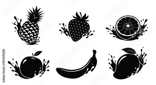 A collection of vibrant fruit illustrations including pineapple strawberry orange apple banana and mango in silhouette high quality