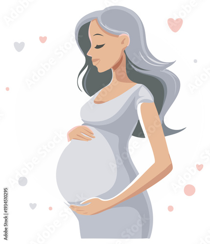 Pregnant woman with long hair holding her baby bump