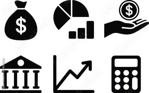 finance icon set money bag pie chart and hand holding dollar coin business vector illustration.
