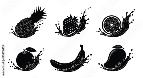 A vibrant collection of tropical fruits depicted in a dynamic splash effect presented as a silhouette high quality