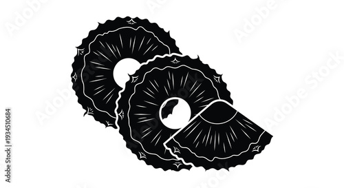 Two nautilus shells are depicted in a stark black and white design showcasing their spiral forms as a silhouette