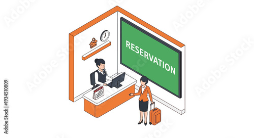 Hotel receptionist assists a guest with a reservation at the front desk
