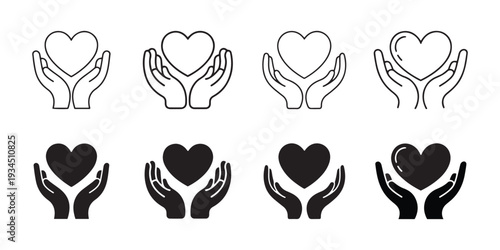 Hands Holding Heart Icons. Diverse Styles for Love, Care, Health, and Charity Concepts - Vector Set.