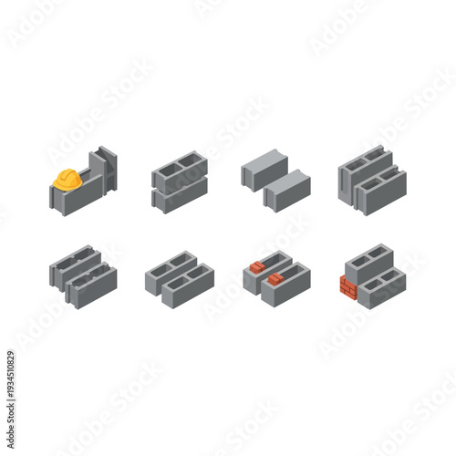 Isometric Pixel Art Concrete & Cinder Blocks. Construction Material Set