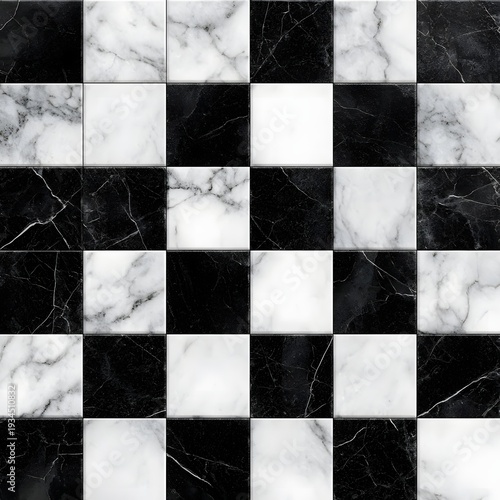 Black and white marble tiles forming a checkered floor pattern viewed from directly above in high resolution