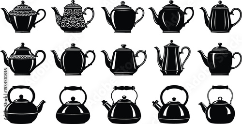 Decorative teapot and kettle silhouette icons set including vintage ceramic pots and modern kitchen tea set for cafe design