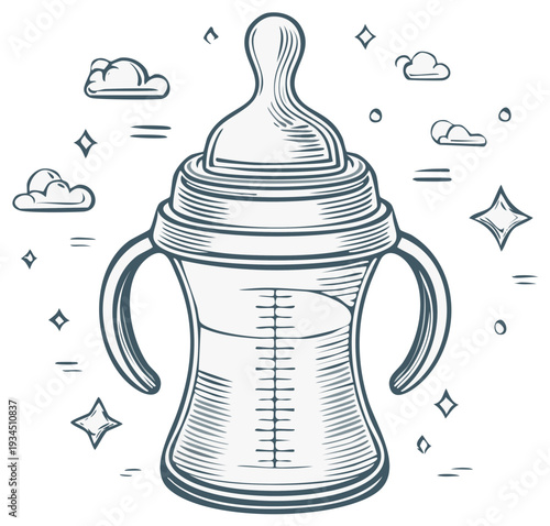 Illustrated baby bottle with handles, clouds, and stars, perfect for infant feeding, line art design