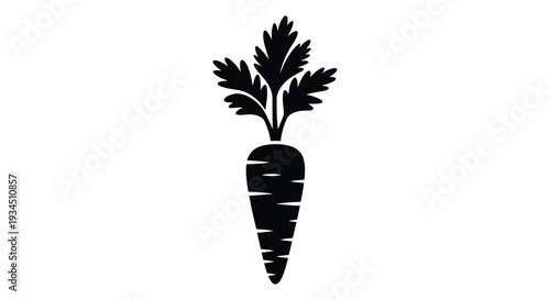 A striking black silhouette depicts a fully grown carrot with detailed leafy greens on a white background silhouette