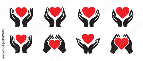 Hands Holding Red Hearts Icons Set. Symbolizing Care Love Charity and Donation on White Background.