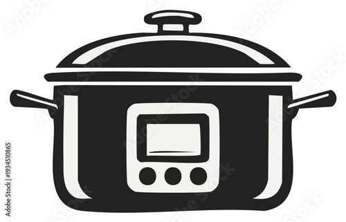 Electric Slow Cooker Appliance Black and White Illustration Kitchenware Crock Pot Food Cooking Machine Design Graphic