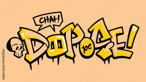 Graffitistyle dope chat illustration with skull and speech bubble on pastel background