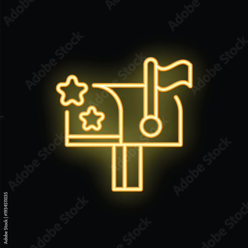 Neon mailbox icon with raised flag and stars glowing on black background representing new mail