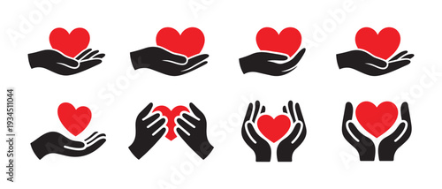 Hands Holding Red Hearts Icons Set. Symbolizing Care Love Charity and Donation on White Background.