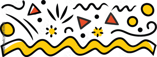 Colorful abstract doodle design with yellow red and black lines shapes and patterns on white background  decorative artistic illustration